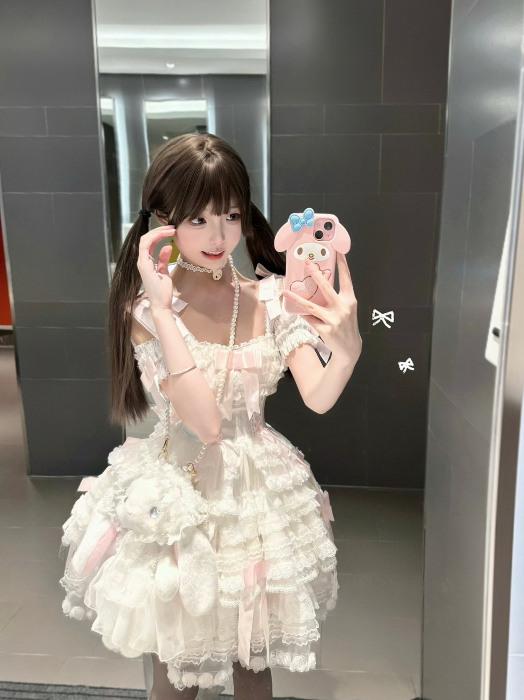 Hime Lolita Blue Flower Lace Short Princess Dress Bow