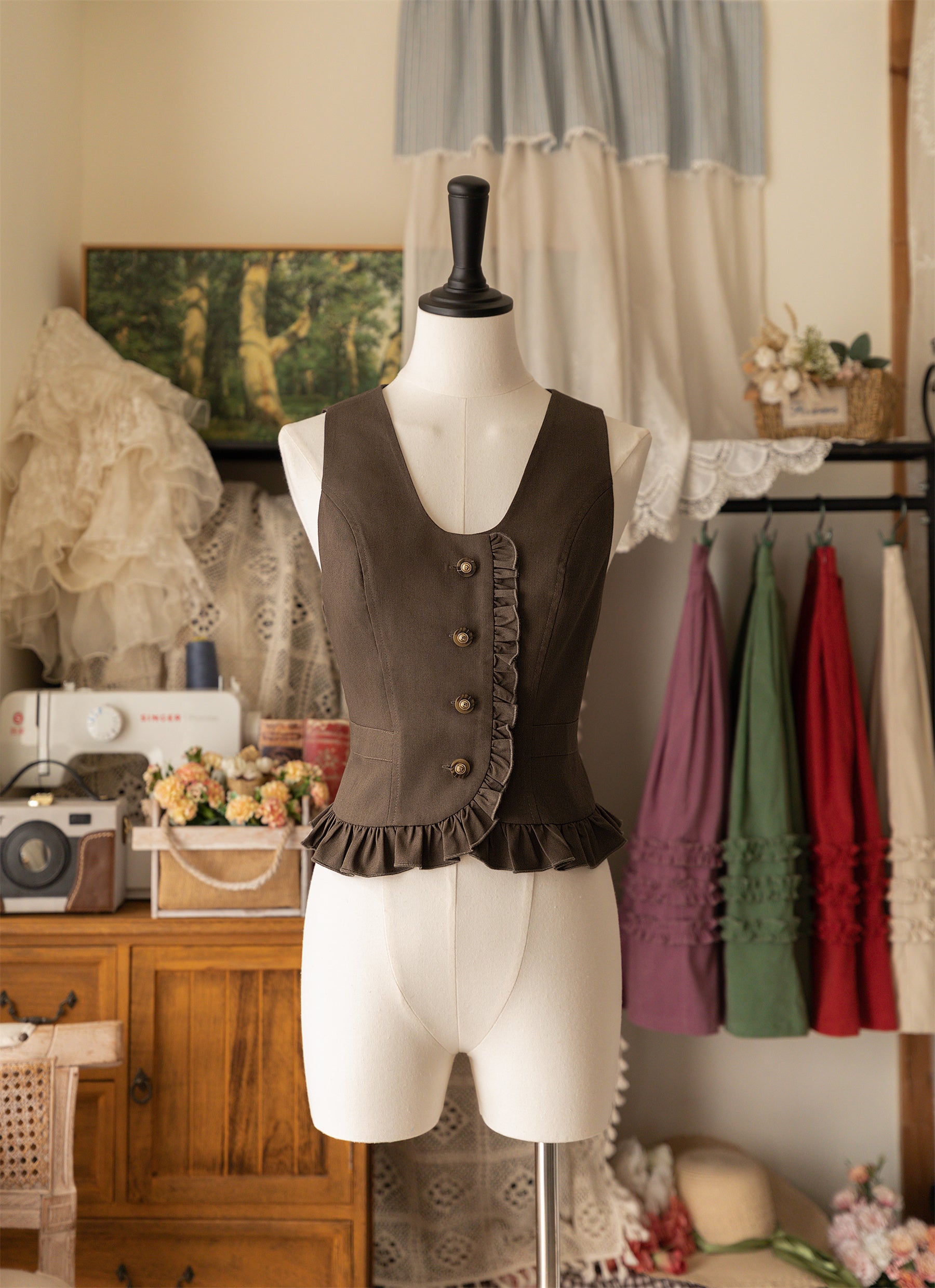 Brown Ruffle Vest Spring and Autumn Elegant Classic with Retro Classic