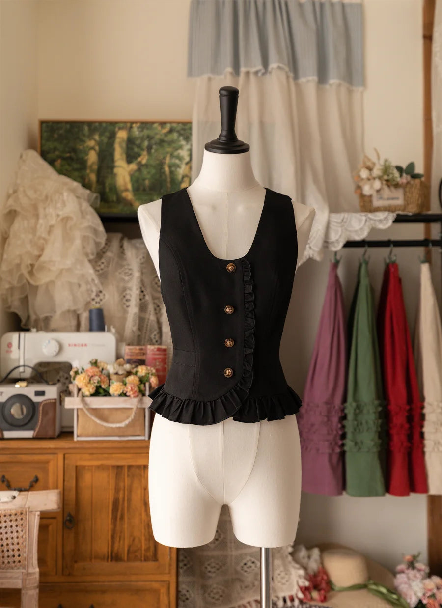 Brown Ruffle Vest Spring and Autumn Elegant Classic with Retro Classic