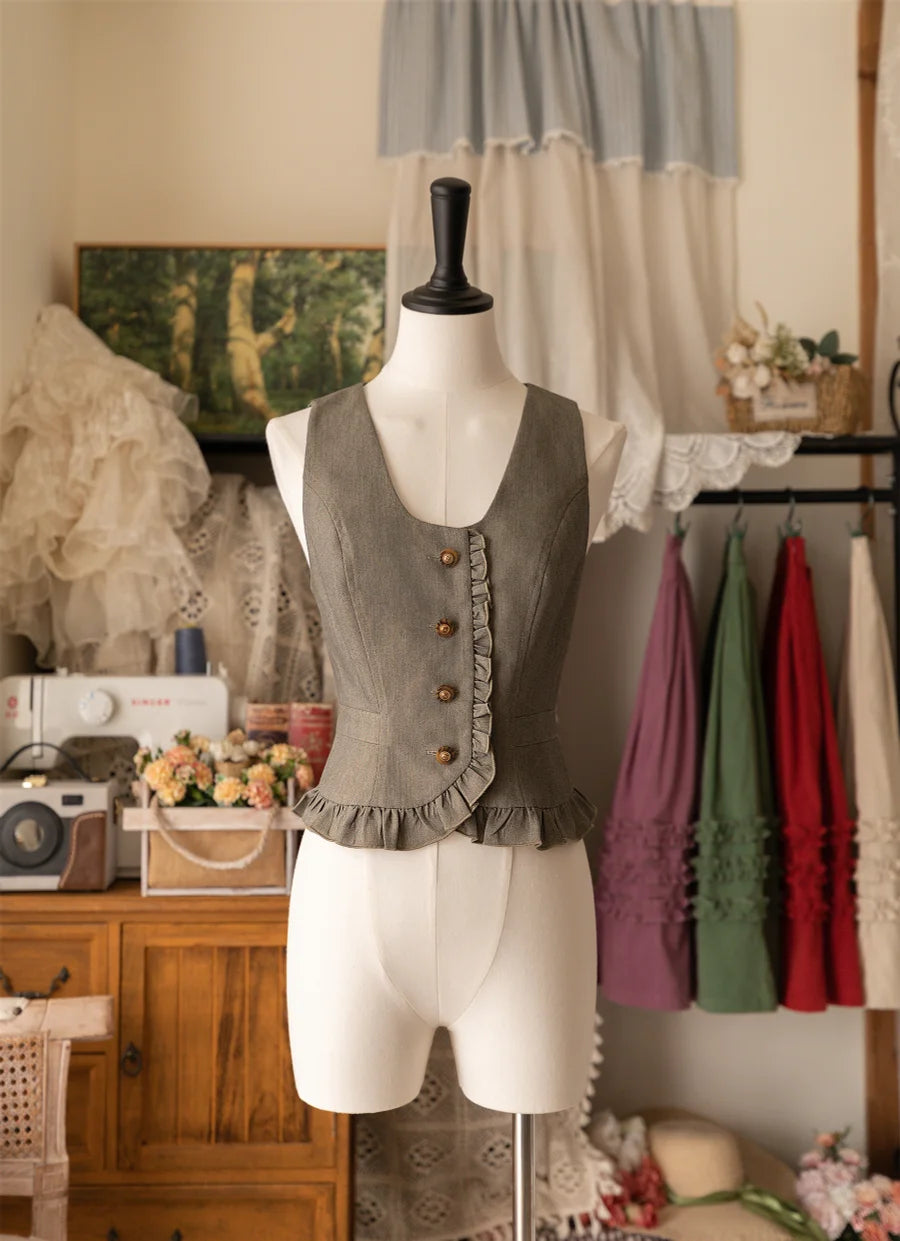 Brown Ruffle Vest Spring and Autumn Elegant Classic with Retro Classic