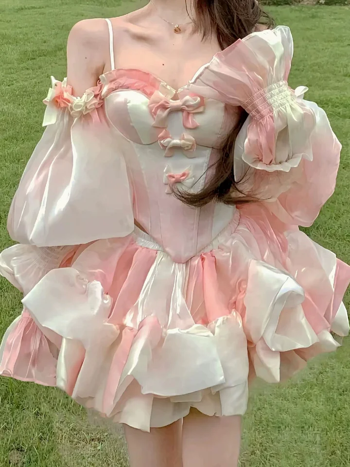 Hime Lolita Peach Purple Bandeau Princess Ball Gown Costume Bow Fairy Culottes for Party