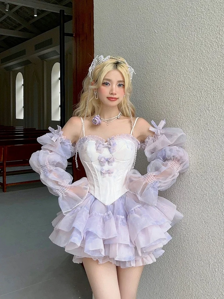Hime Lolita Peach Purple Bandeau Princess Ball Gown Costume Bow Fairy Culottes for Party