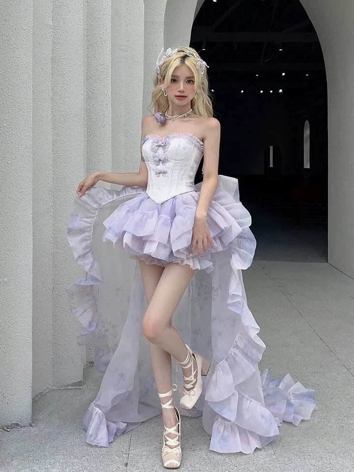 Hime Lolita Peach Purple Bandeau Princess Ball Gown Costume Bow Fairy Culottes for Party