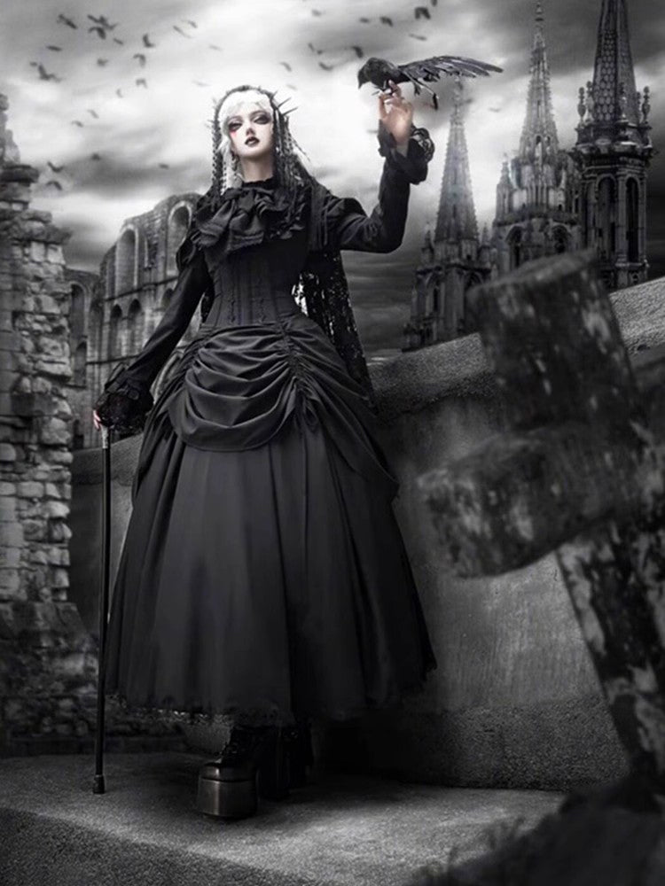 Christmas Diablo Gothic Lolita Full Length Black Ruffled Gown goth prom dress