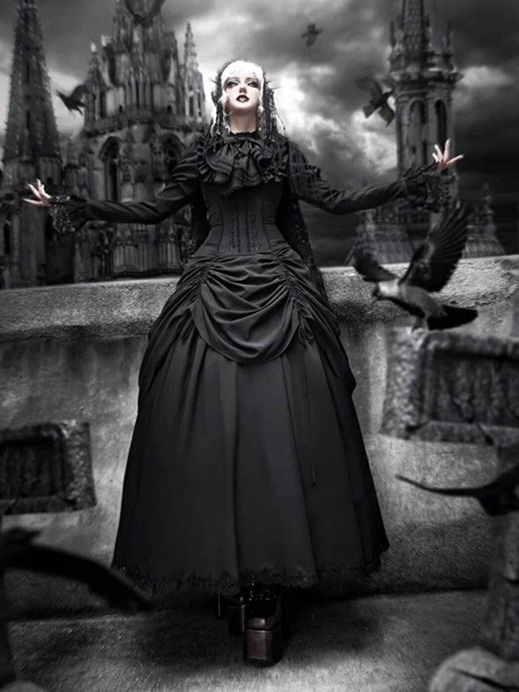 Christmas Diablo Gothic Lolita Full Length Black Ruffled Gown goth prom dress