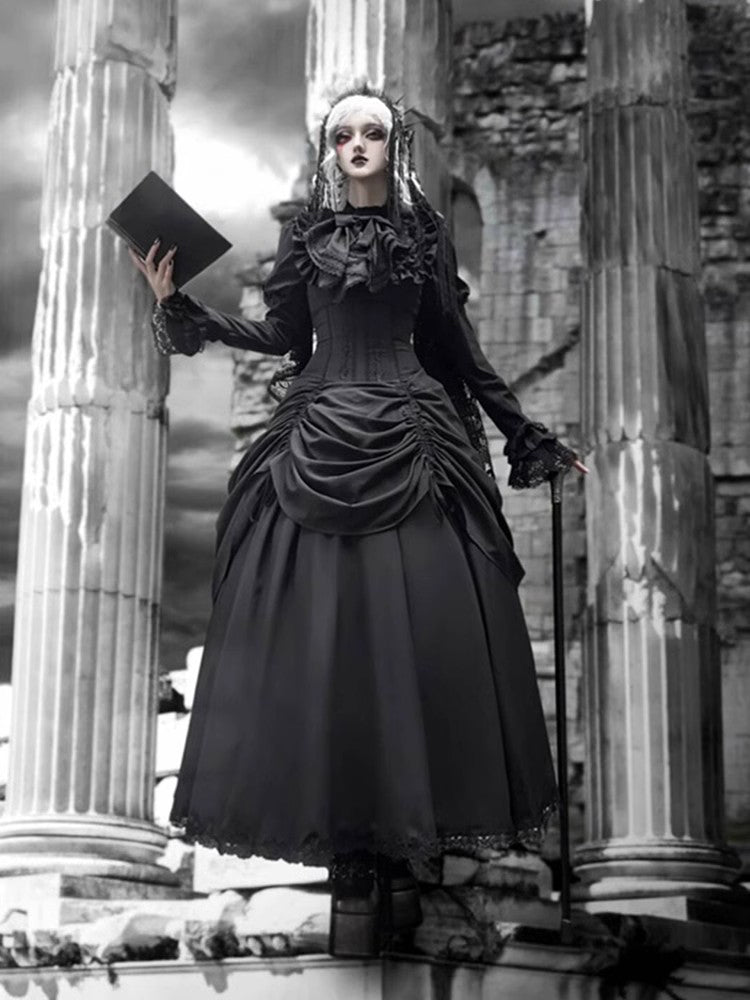 Christmas Diablo Gothic Lolita Full Length Black Ruffled Gown goth prom dress