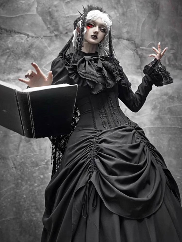 Christmas Diablo Gothic Lolita Full Length Black Ruffled Gown goth prom dress