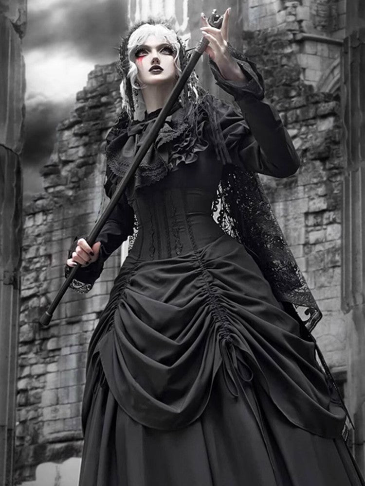 Christmas Diablo Gothic Lolita Full Length Black Ruffled Gown goth prom dress