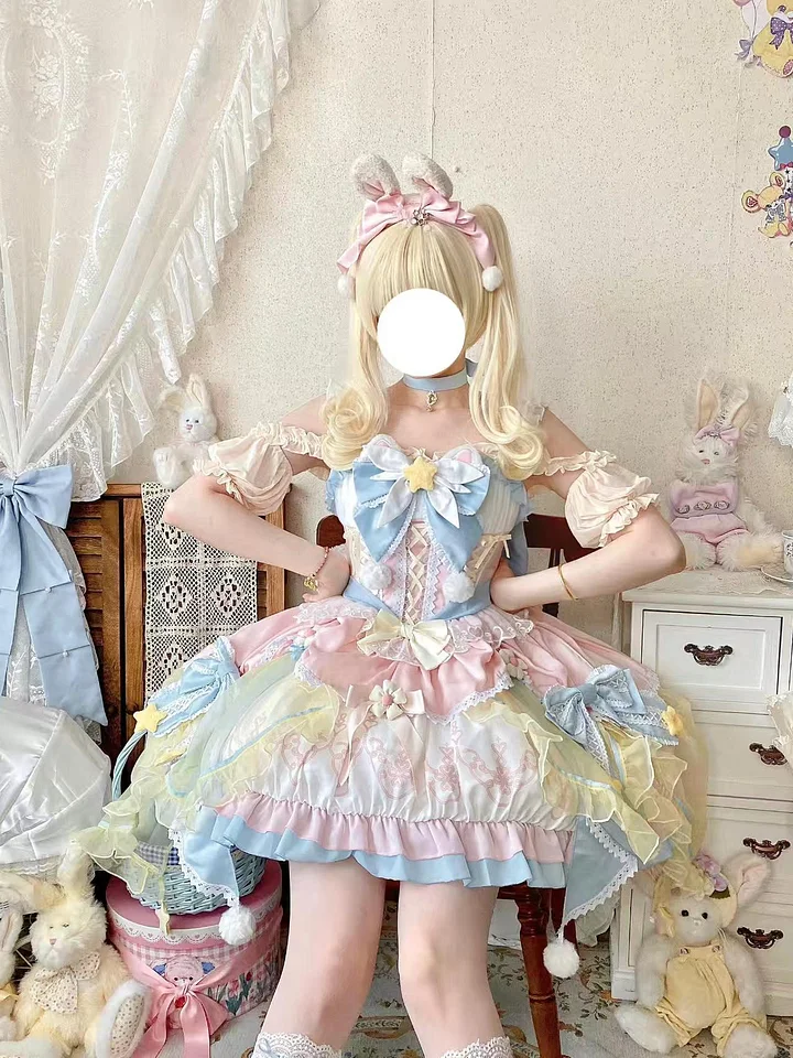 Sweet Lolita Soft Girl Cute Girl Pink and Blue Flower Princess Dress Spring Summer for Christmas