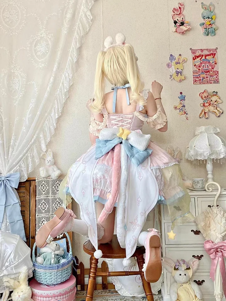Sweet Lolita Soft Girl Cute Girl Pink and Blue Flower Princess Dress Spring Summer for Christmas