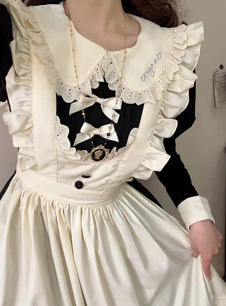 Classic Lolita Sweet Black-white with Bowknot Apron Ruffle Lace Hem Long Dress