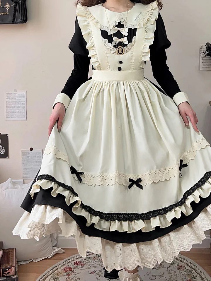 Classic Lolita Sweet Black-white with Bowknot Apron Ruffle Lace Hem Long Dress