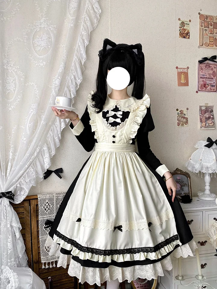 Classic Lolita Sweet Black-white with Bowknot Apron Ruffle Lace Hem Long Dress