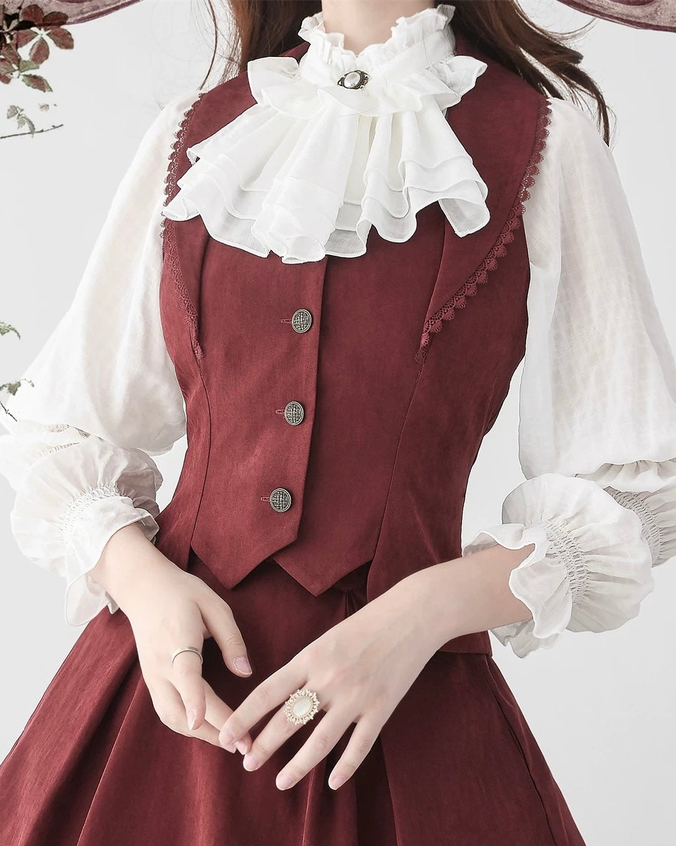 Classic British Style Elegant Cotton Brown Blouse Vest Long Skirt Set in Autumn Lolita Dresses