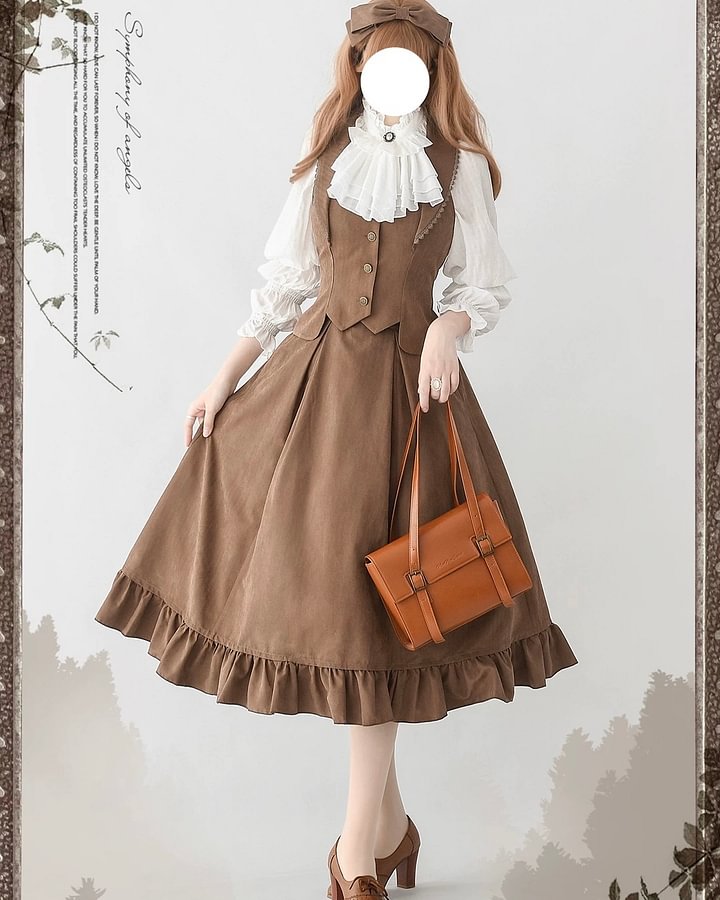 Classic British Style Elegant Cotton Brown Blouse Vest Long Skirt Set in Autumn Lolita Dresses