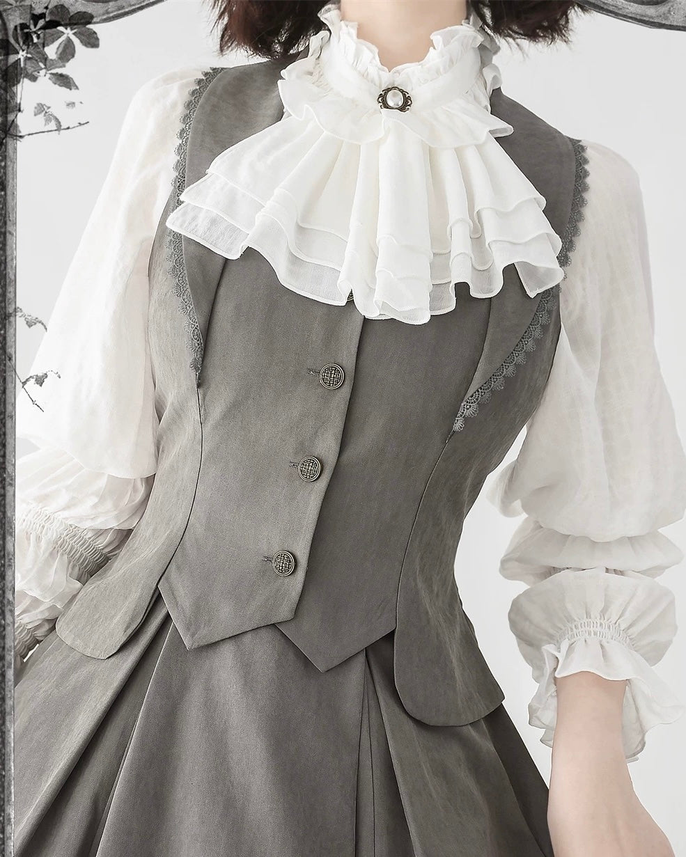 Classic British Style Elegant Cotton Brown Blouse Vest Long Skirt Set in Autumn Lolita Dresses