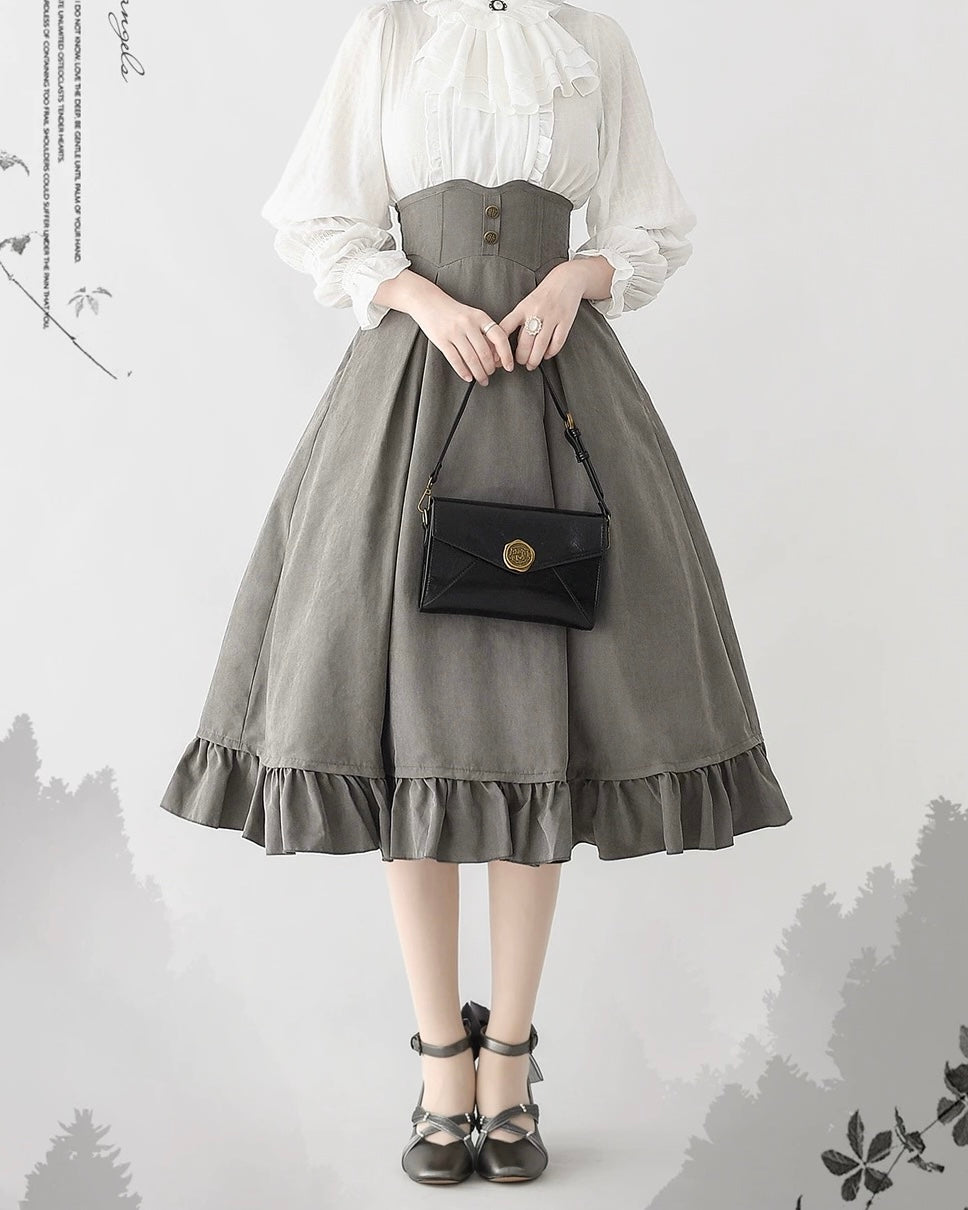 Classic British Style Elegant Cotton Brown Blouse Vest Long Skirt Set in Autumn Lolita Dresses