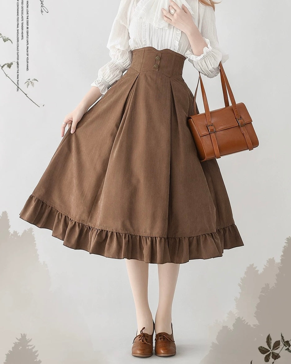 Classic British Style Elegant Cotton Brown Blouse Vest Long Skirt Set in Autumn Lolita Dresses