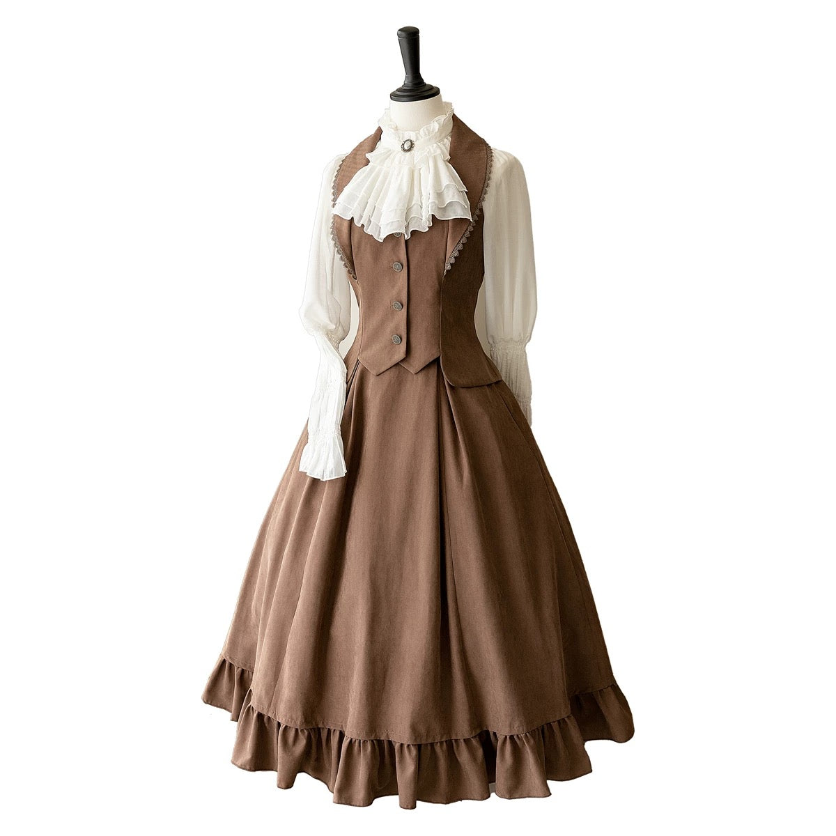 Classic British Style Elegant Cotton Brown Blouse Vest Long Skirt Set in Autumn Lolita Dresses