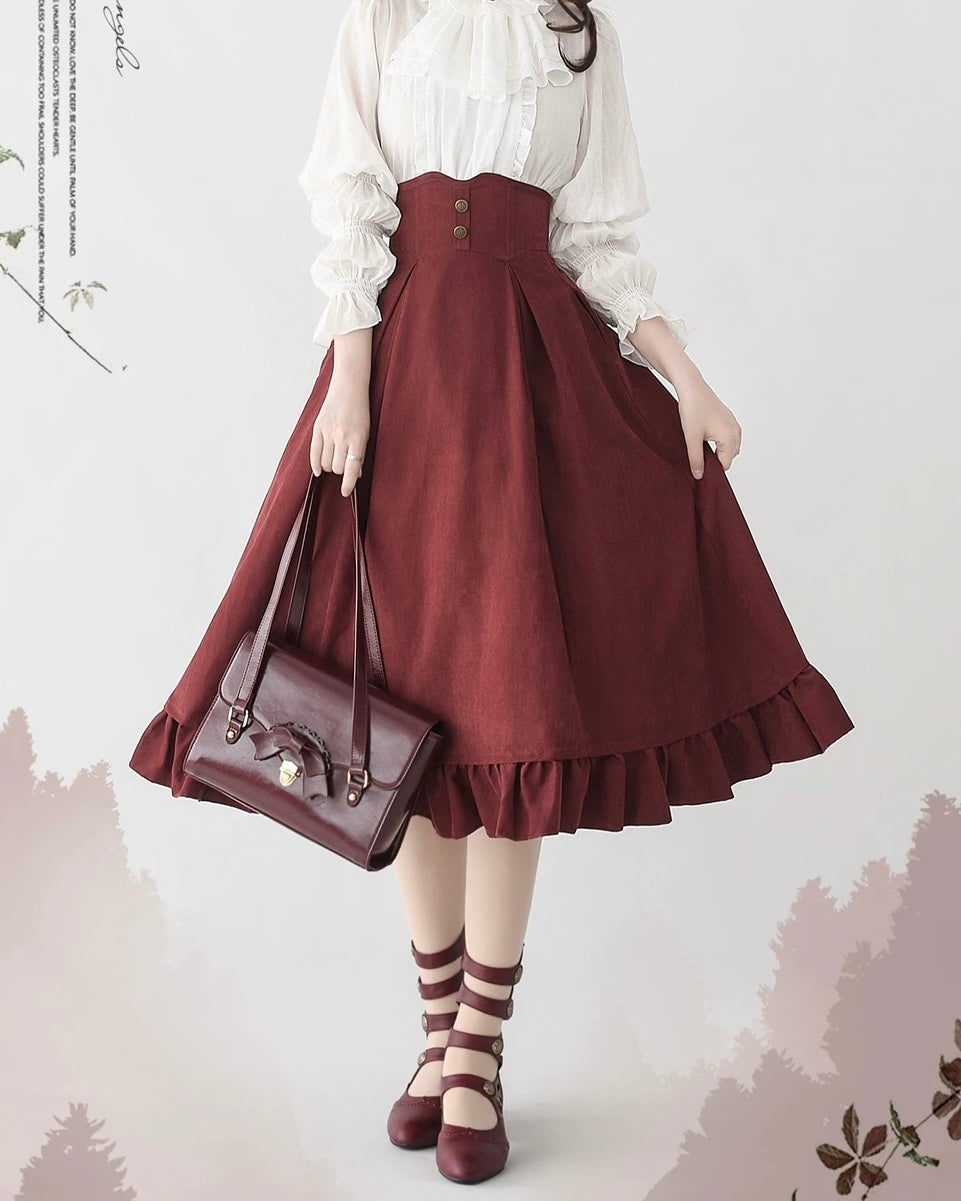 Classic British Style Elegant Cotton Brown Blouse Vest Long Skirt Set in Autumn Lolita Dresses