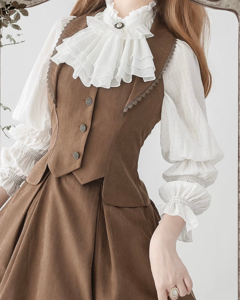 Classic British Style Elegant Cotton Brown Blouse Vest Long Skirt Set in Autumn Lolita Dresses