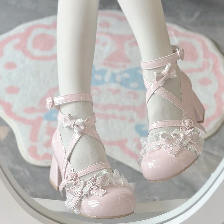 Classic Sweet Lolita Shoes Cute Mid-heel Bow Strap Lace Sweet Mary Jane