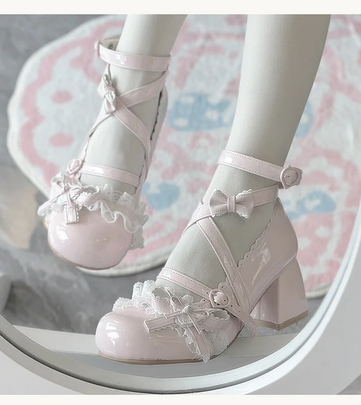 Classic Sweet Lolita Shoes Cute Mid-heel Bow Strap Lace Sweet Mary Jane