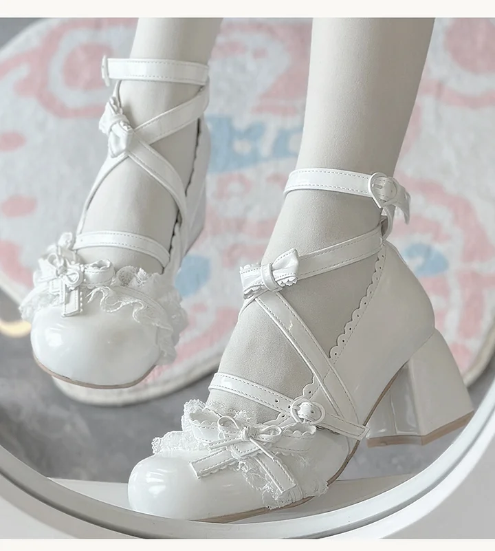 Classic Sweet Lolita Shoes Cute Mid-heel Bow Strap Lace Sweet Mary Jane