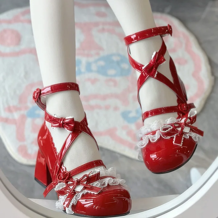 Classic Sweet Lolita Shoes Cute Mid-heel Bow Strap Lace Sweet Mary Jane