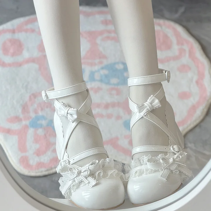 Classic Sweet Lolita Shoes Cute Mid-heel Bow Strap Lace Sweet Mary Jane