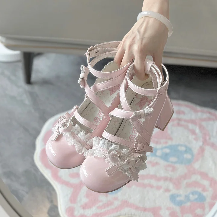 Classic Sweet Lolita Shoes Cute Mid-heel Bow Strap Lace Sweet Mary Jane