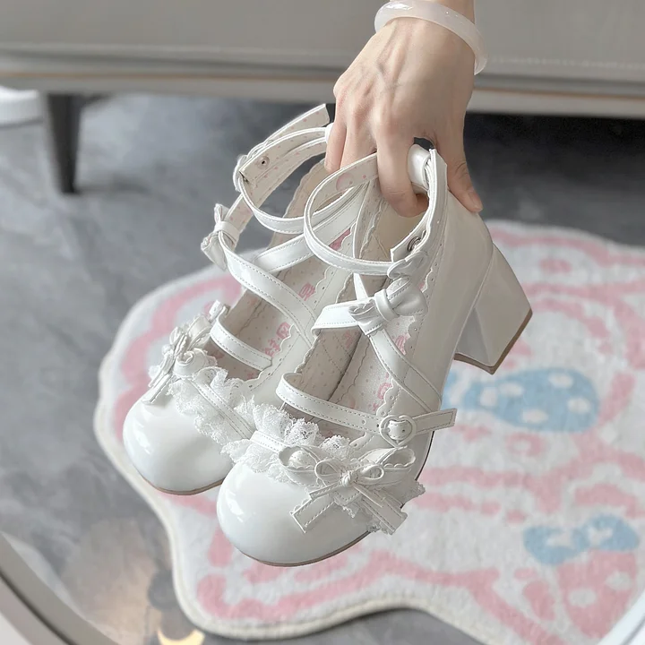 Classic Sweet Lolita Shoes Cute Mid-heel Bow Strap Lace Sweet Mary Jane