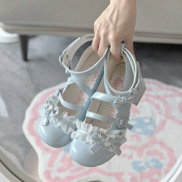 Classic Sweet Lolita Shoes Cute Mid-heel Bow Strap Lace Sweet Mary Jane