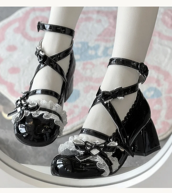 Classic Sweet Lolita Shoes Cute Mid-heel Bow Strap Lace Sweet Mary Jane