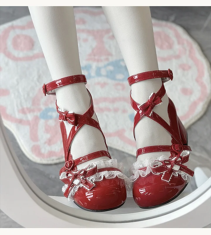 Classic Sweet Lolita Shoes Cute Mid-heel Bow Strap Lace Sweet Mary Jane