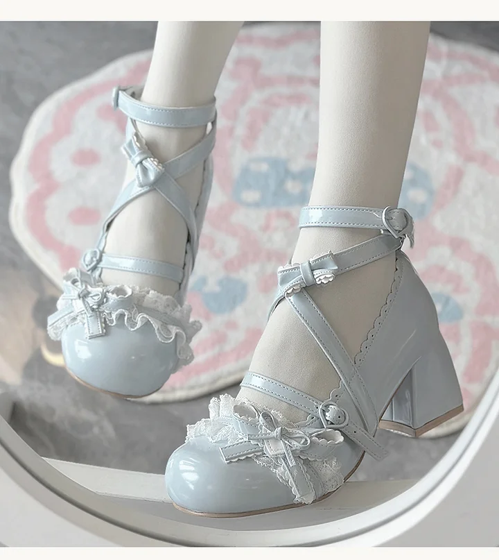 Classic Sweet Lolita Shoes Cute Mid-heel Bow Strap Lace Sweet Mary Jane