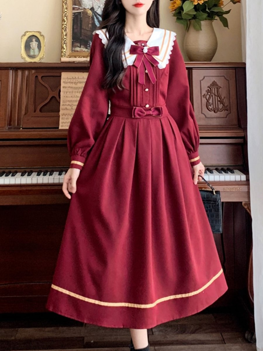 Classic Sweet College Red Dress Lolita Dress Dress Long Dress Navy Collar Op