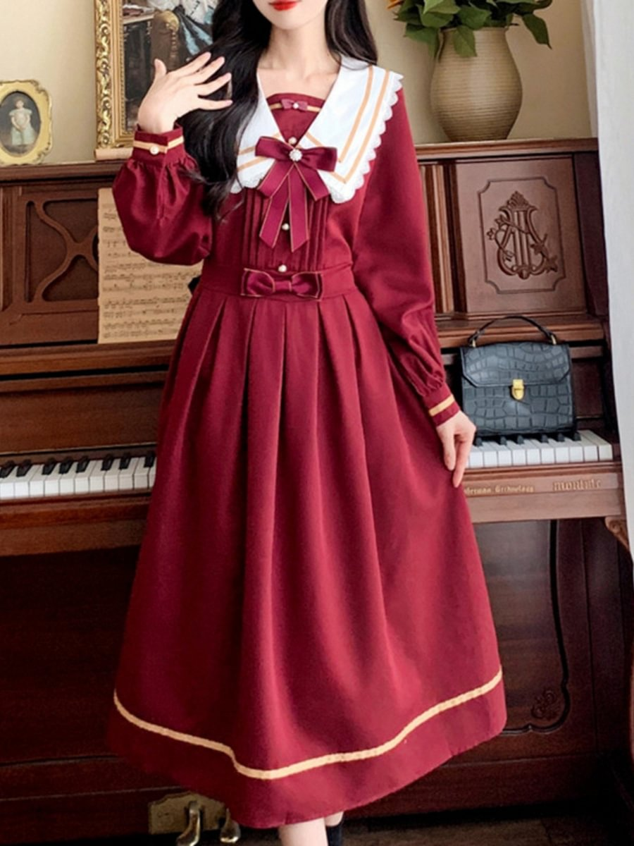 Classic Sweet College Red Dress Lolita Dress Dress Long Dress Navy Collar Op