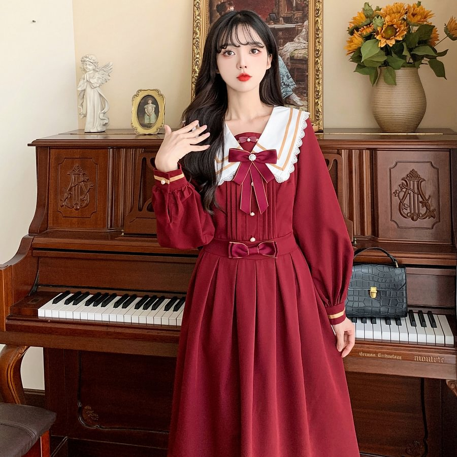 Classic Sweet College Red Dress Lolita Dress Dress Long Dress Navy Collar Op