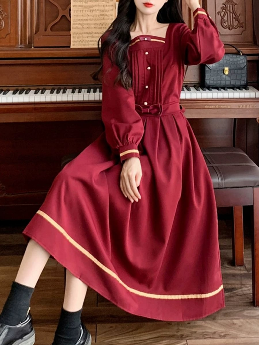 Classic Sweet College Red Dress Lolita Dress Dress Long Dress Navy Collar Op