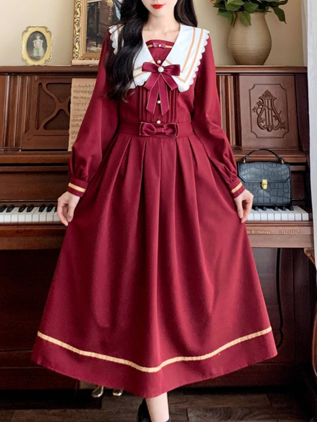 Classic Sweet College Red Dress Lolita Dress Dress Long Dress Navy Collar Op