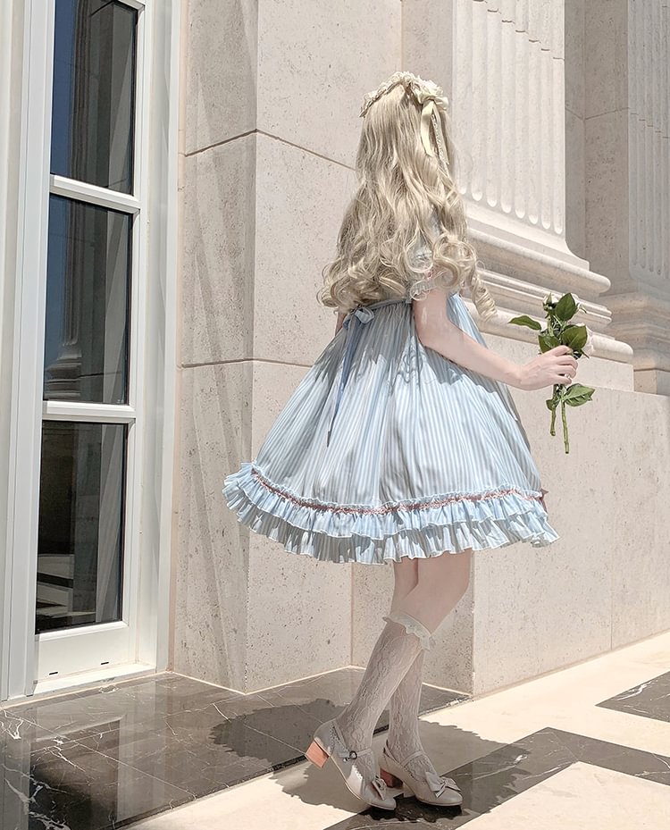 Cute Teen Lolita Summer Sweetheart Bestie Striped Op Short Sleeve Dress
