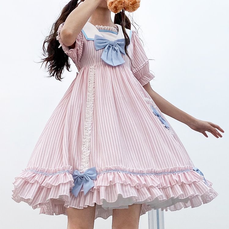 Cute Teen Lolita Summer Sweetheart Bestie Striped Op Short Sleeve Dress
