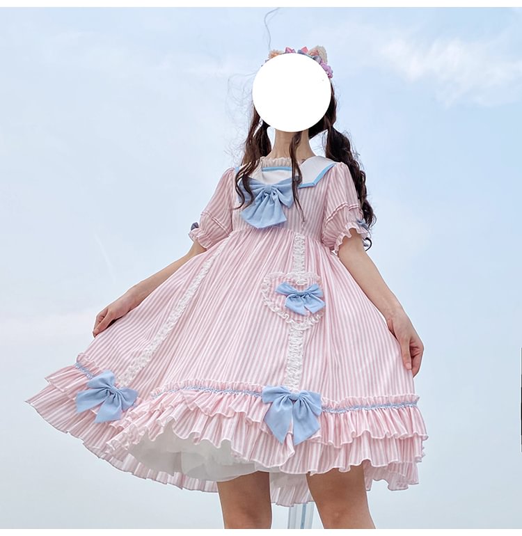 Cute Teen Lolita Summer Sweetheart Bestie Striped Op Short Sleeve Dress