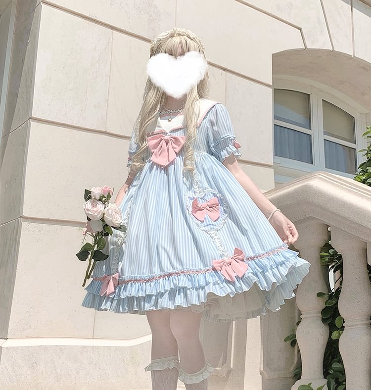 Cute Teen Lolita Summer Sweetheart Bestie Striped Op Short Sleeve Dress