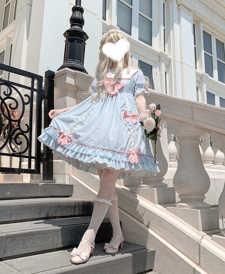 Cute Teen Lolita Summer Sweetheart Bestie Striped Op Short Sleeve Dress
