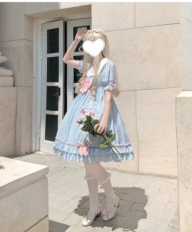 Cute Teen Lolita Summer Sweetheart Bestie Striped Op Short Sleeve Dress