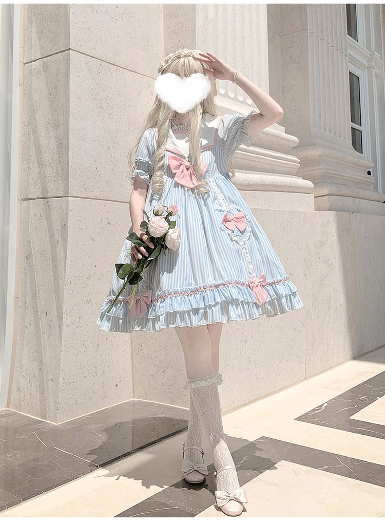 Cute Teen Lolita Summer Sweetheart Bestie Striped Op Short Sleeve Dress