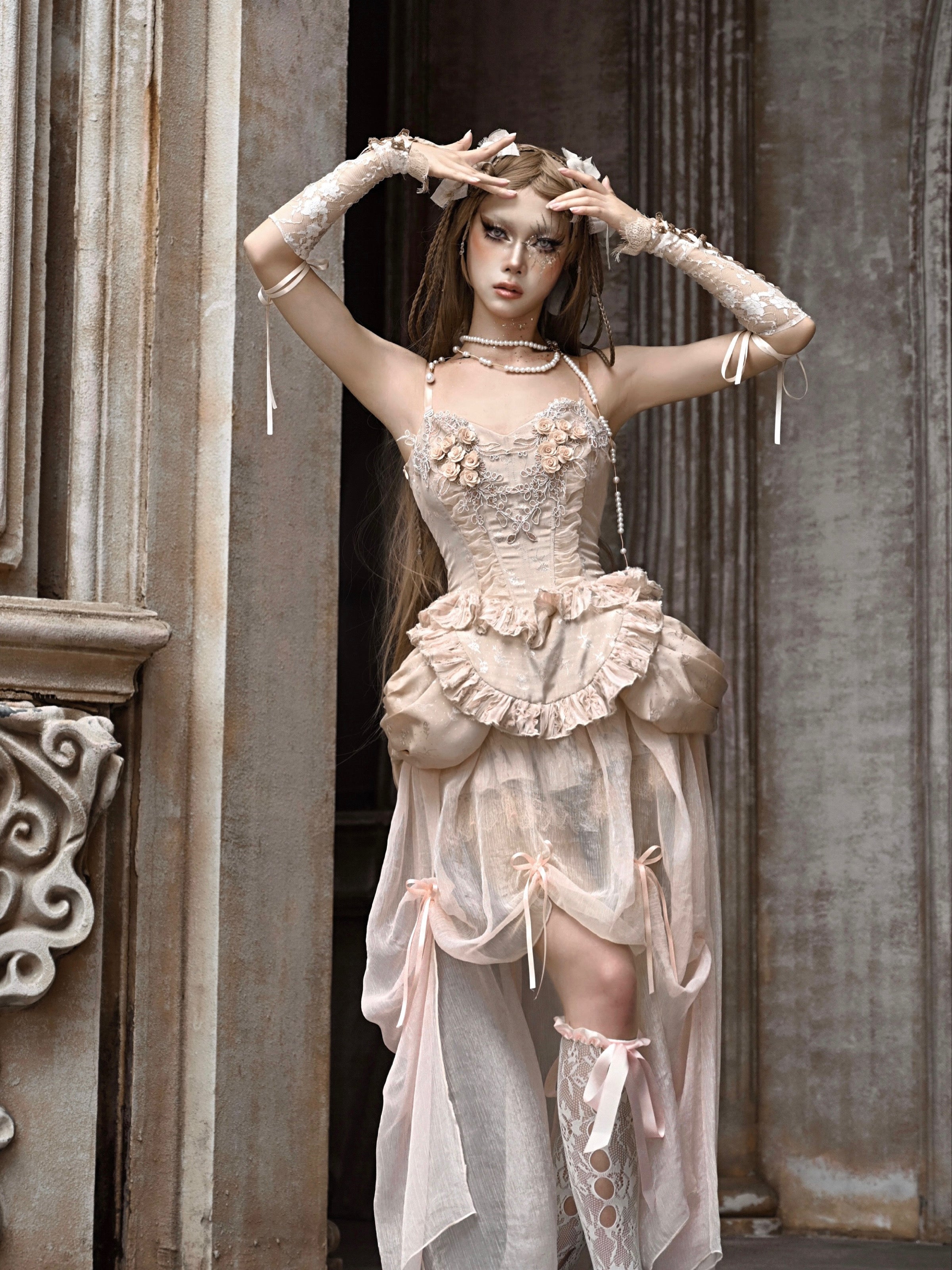 Ethereal Goth Lolita Dress with Blush Pink Tulle Corset Apricot Skirt