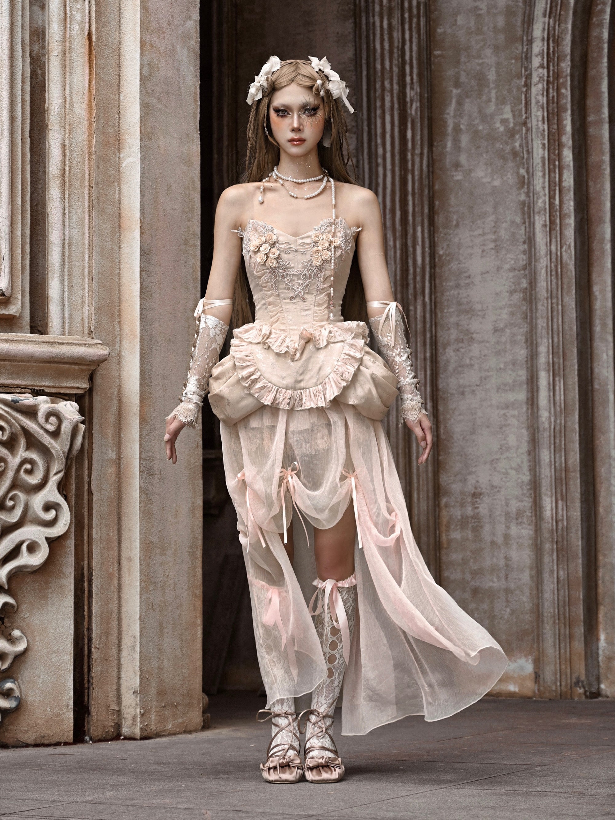 Ethereal Goth Lolita Dress with Blush Pink Tulle Corset Apricot Skirt